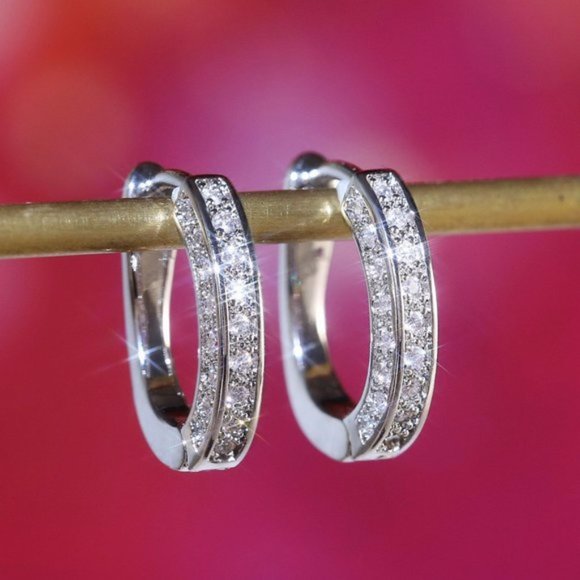 New Oval 925 Silver  Oval Diamond Hoop Earrings - Picture 3 of 4